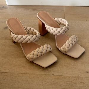 Braided faux, leather Cream Heeled Sandals